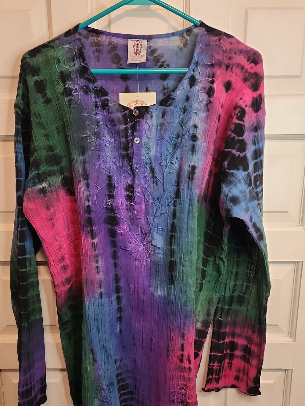 Tie-Dye NWT Long Sleeve Tunic Top Purple,Green, Pink Cotton HIPPIE Vintage Look